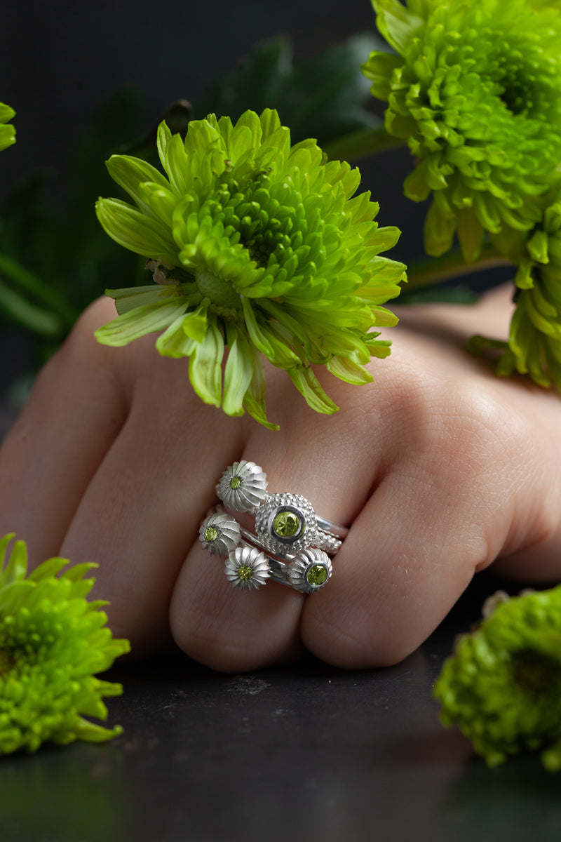 Five Peridot Pollen Stacking Ring Set