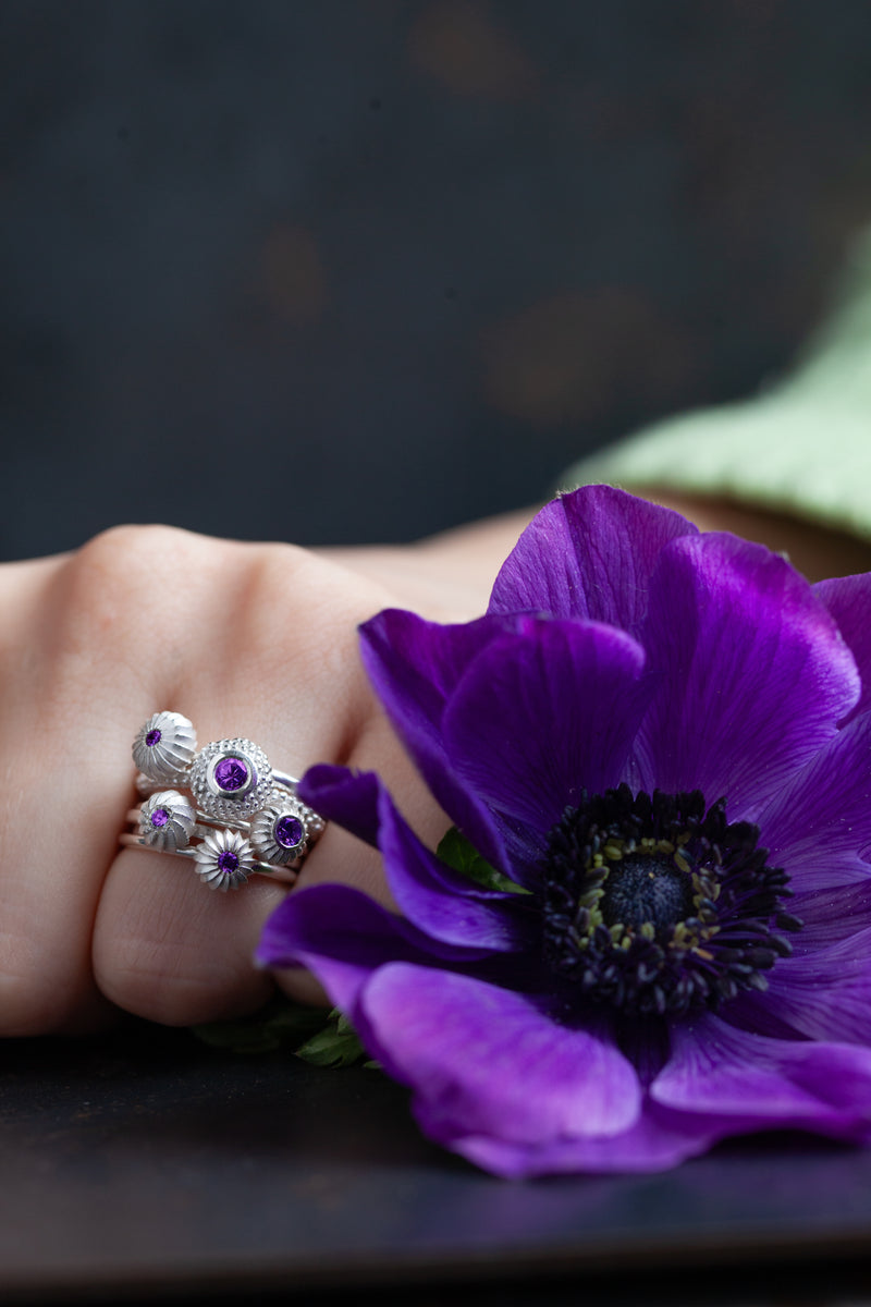 Five Amethyst Pollen Stacking Ring Set