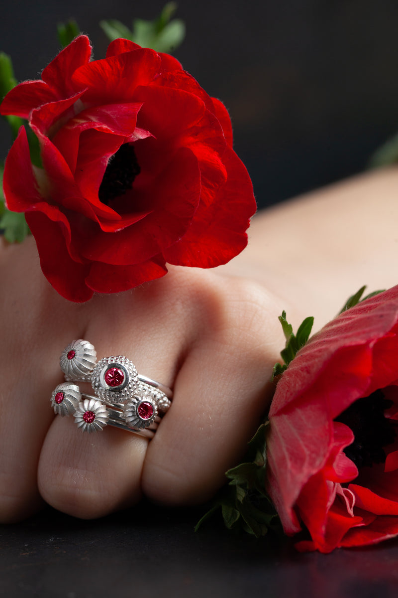 Five Ruby Pollen Stacking Ring Set