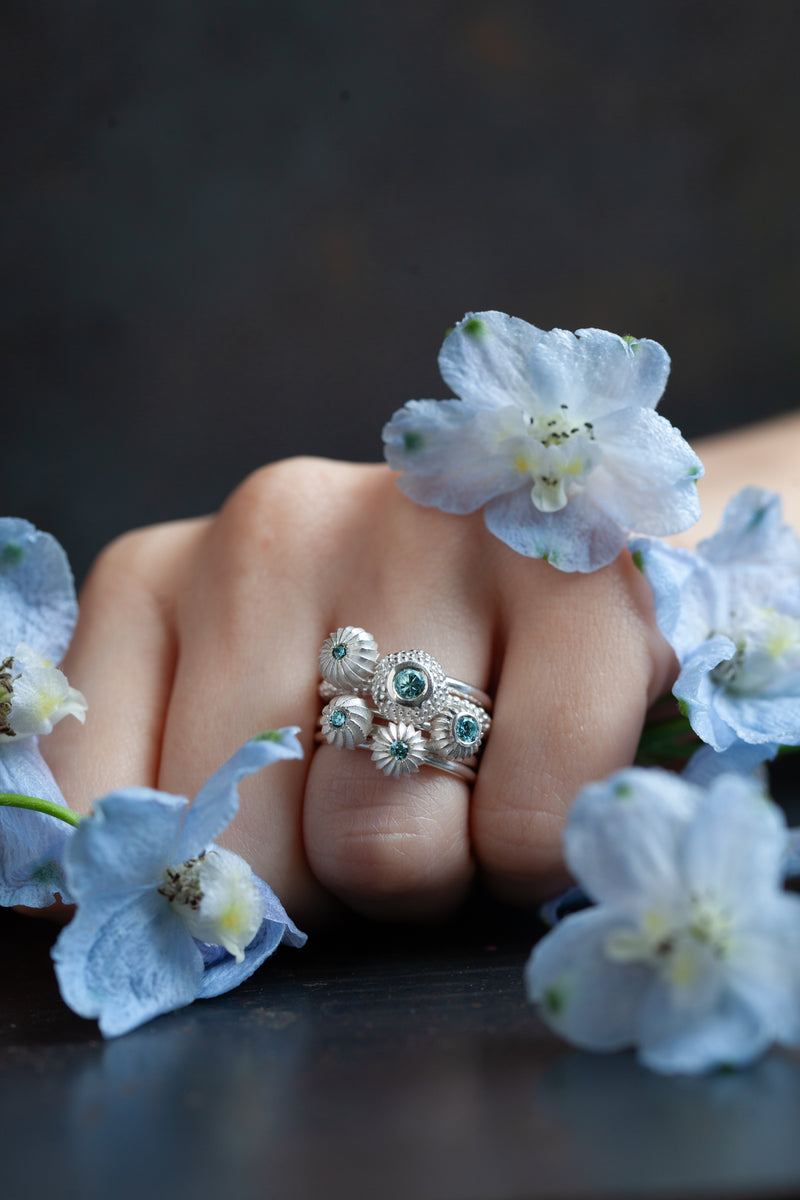 Five Aquamarine Pollen Stacking Ring Set